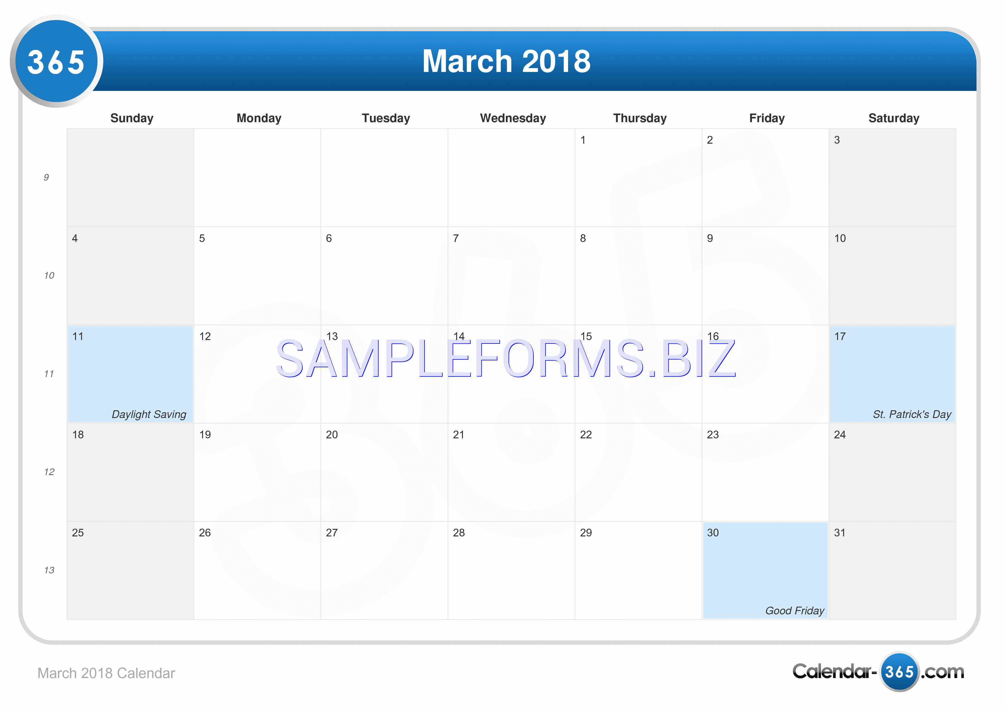 Preview free downloadable March 2018 Calendar 3 in PDF (page 1)